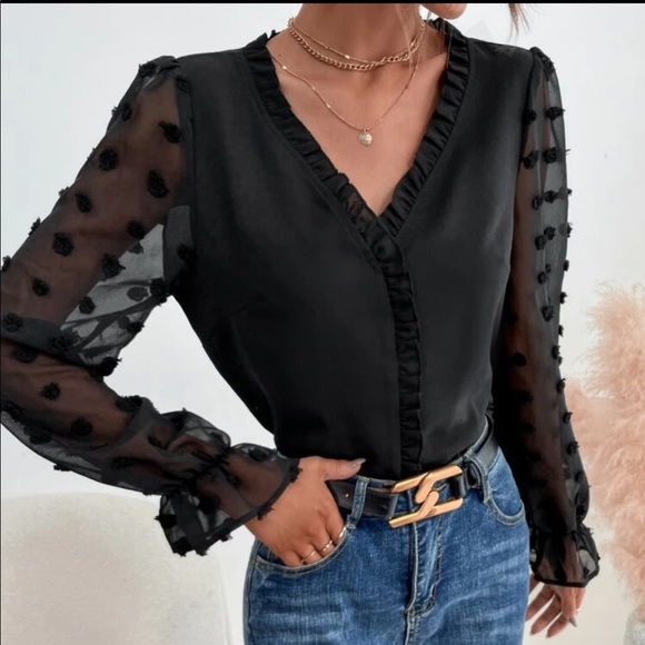 Black V neck Swiss dot sleeve blouse - Picture 5 of 5